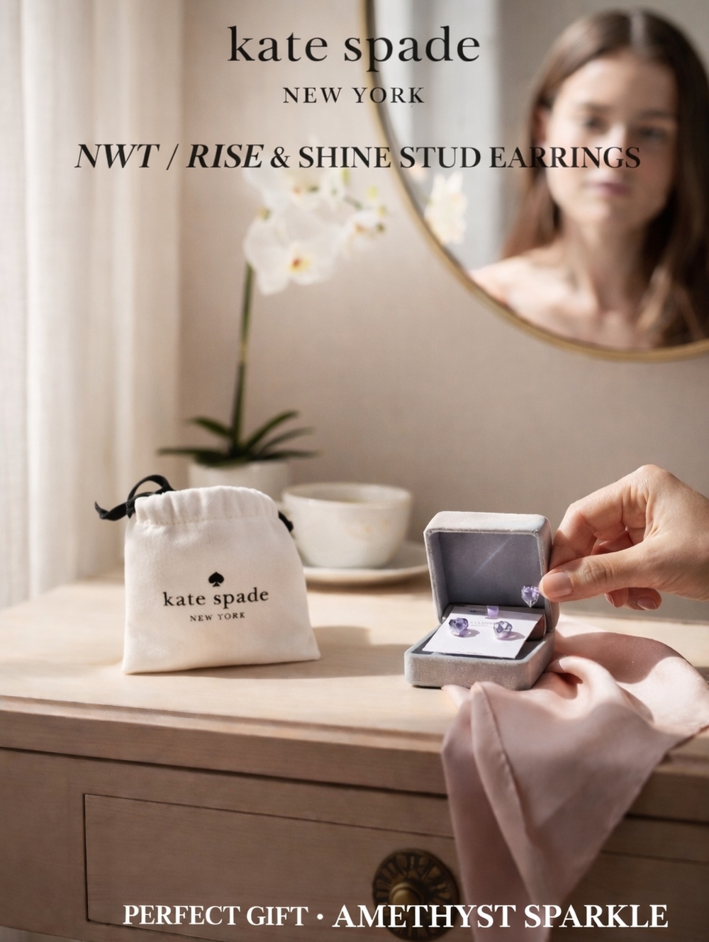 NWT Kate Spade Rise & Shine Amethyst CZ Stud Earrings Purple Crystal Gift Set